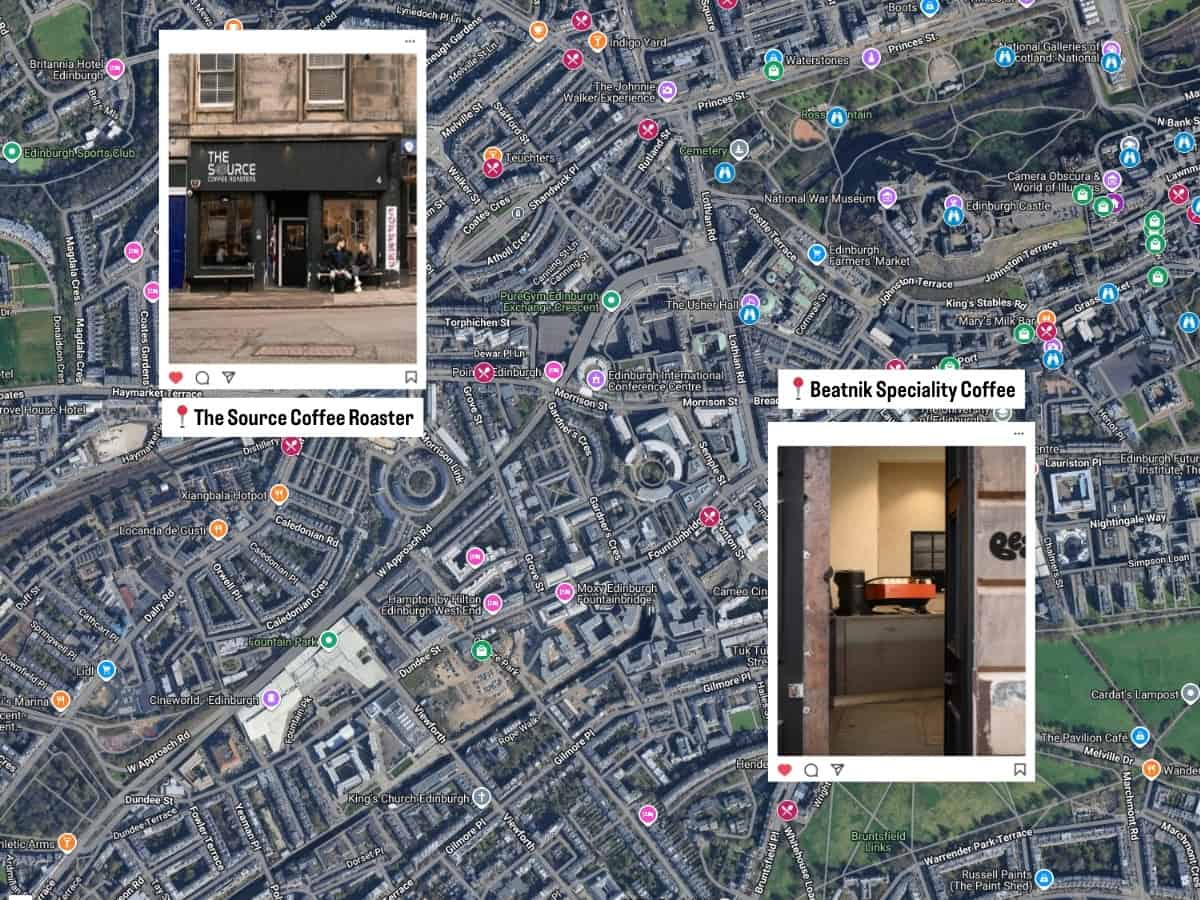 Map view showing two coffee shops pinned in an Edinburgh neighborhood, demonstrating how nearby spots appear when using the custom Scotland map.