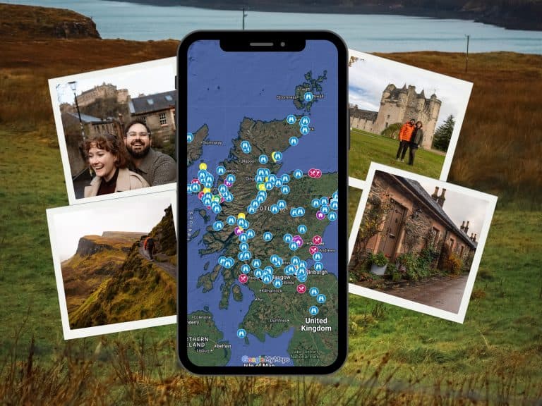 Phone mockup displaying a custom Scotland Google Map, alongside photos of Katie and Joe traveling through Scotland’s cities and landscapes.