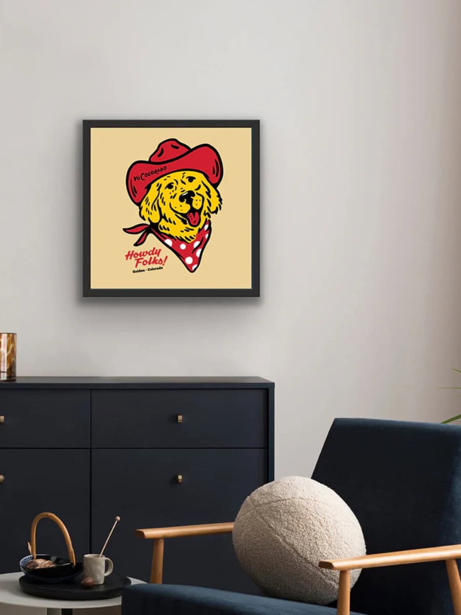 Art print featuring a Cowboy Golden Retriever illustration from Goldens in Golden.
