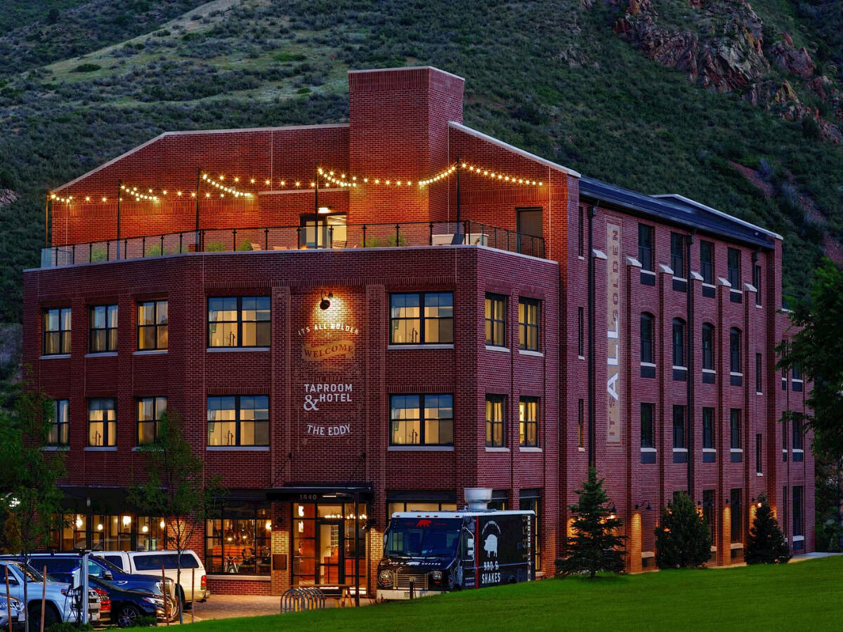 Exterior view of The Eddy Taproom & Hotel in Golden, Colorado, within walking distance of downtown and near the Golden Community Garden.
