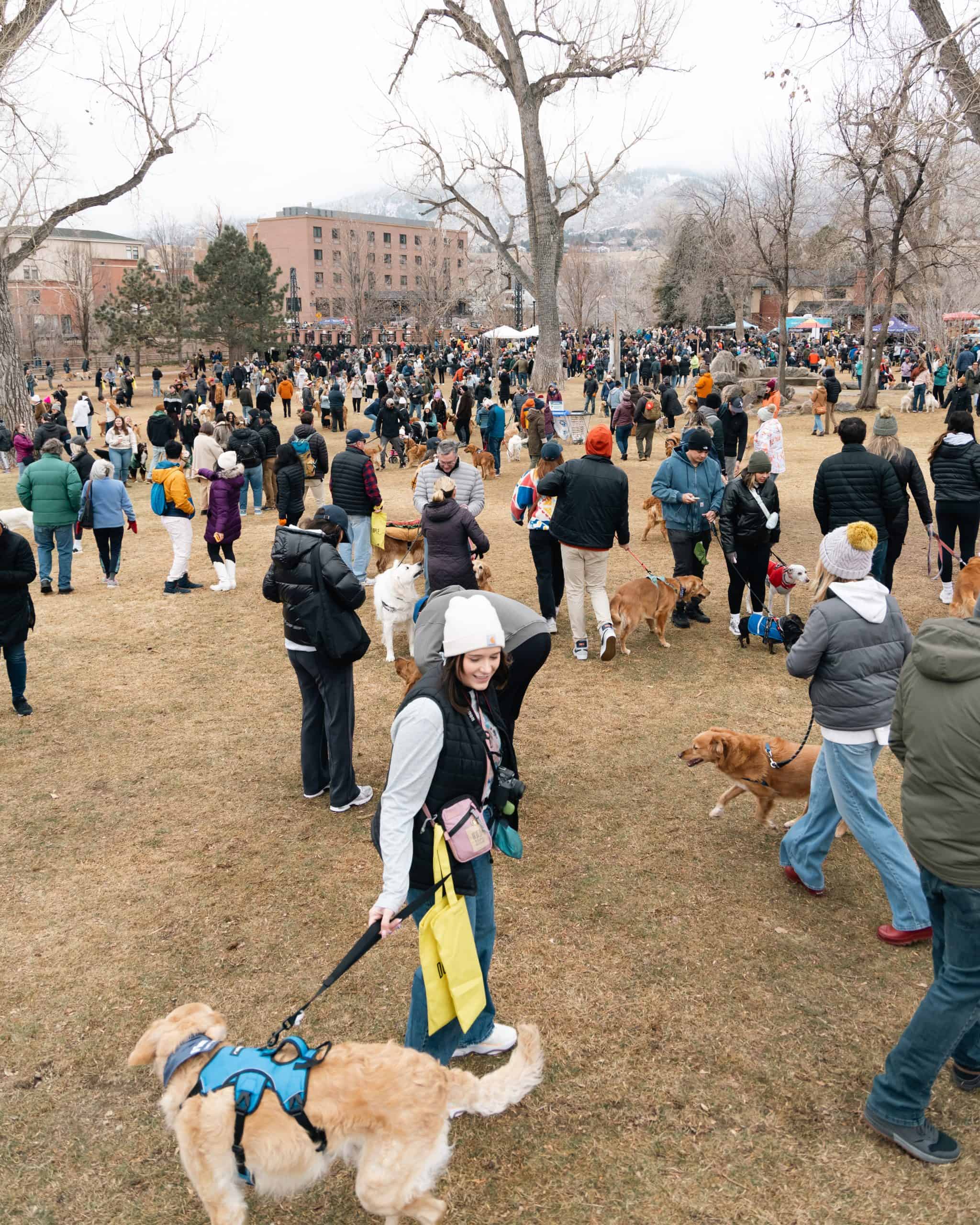 Large group of people socializing in Parfet Park before the Goldens in Golden event begins.
