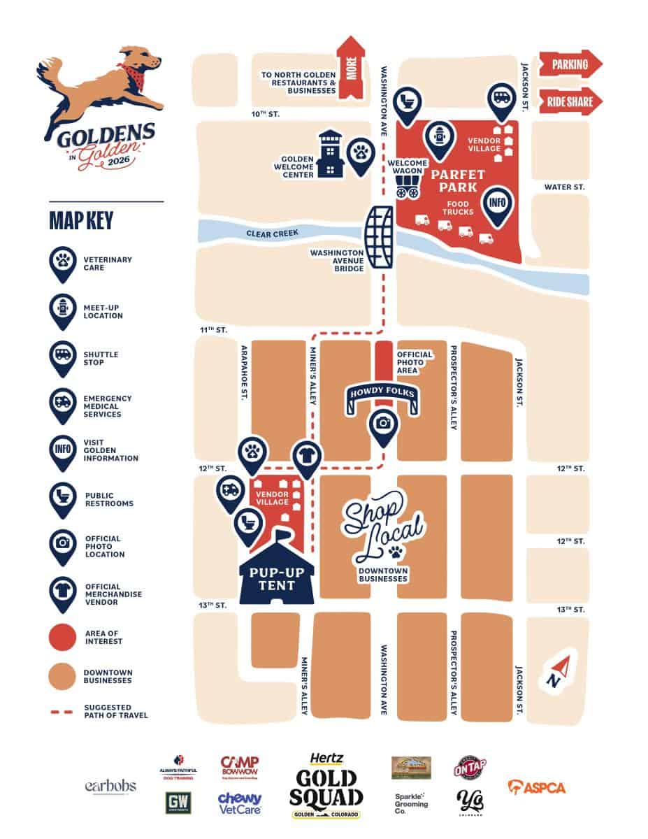 Map of Goldens in Golden 2026 showing downtown Golden, Colorado, with labeled locations for shuttle stops, veterinary care, emergency medical services, restrooms, meet-up areas, Visit Golden information, and key event zones.