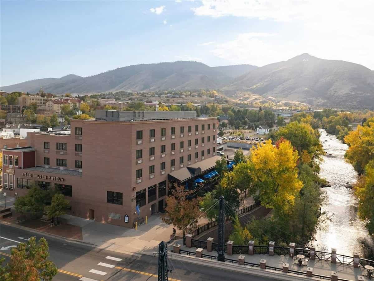 The Golden Hotel overlooking downtown Golden, Colorado, near Clear Creek and the event area for Goldens in Golden.
