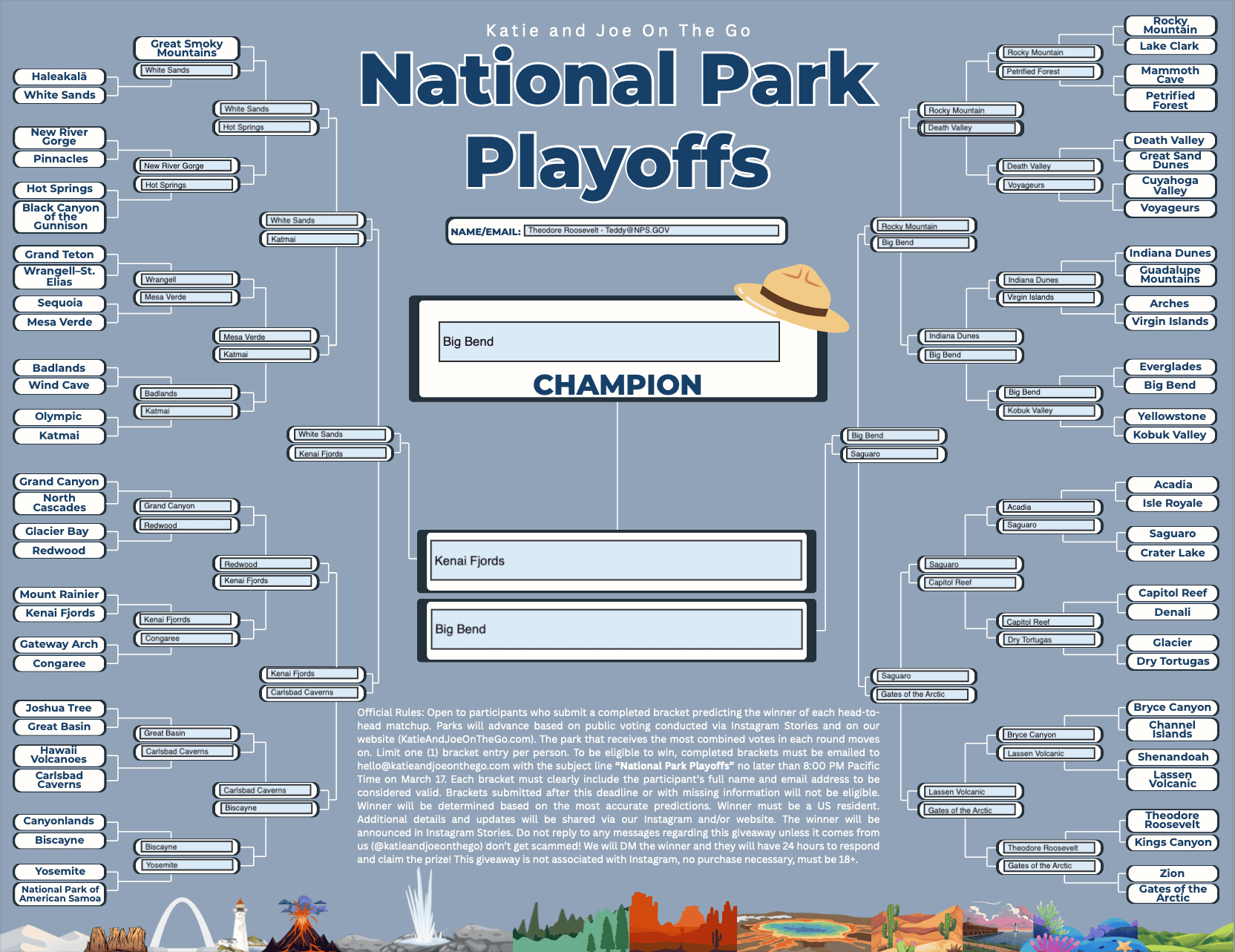 An example of the "Digital Version" bracket for the National Park Playoffs completed, ready to be emailed to be emailed