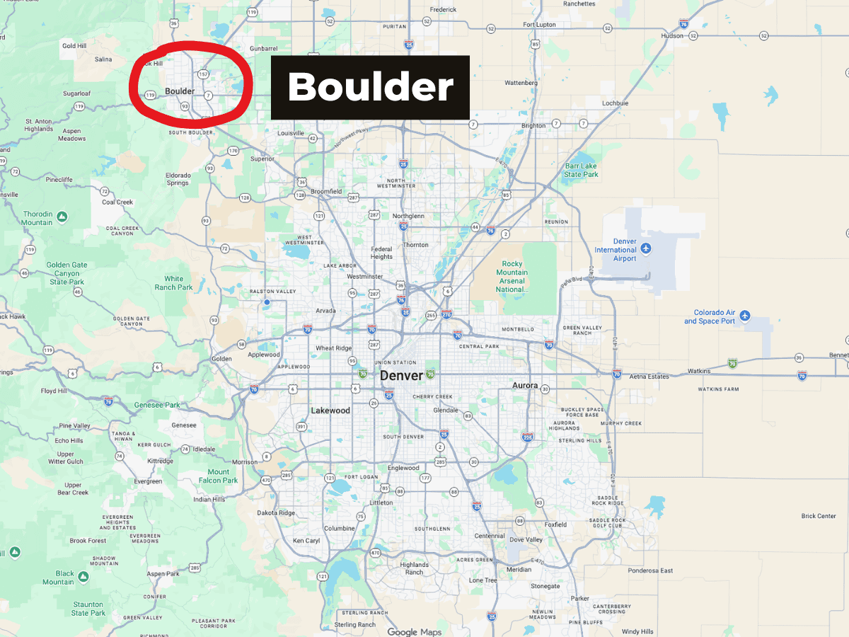 Map of Boulder, Colorado's location to Denver, Colorado