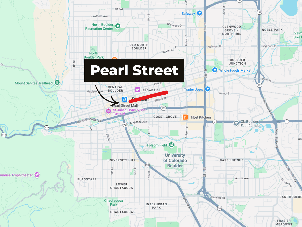 Map of Pearl Street's location to Boulder, Colorado