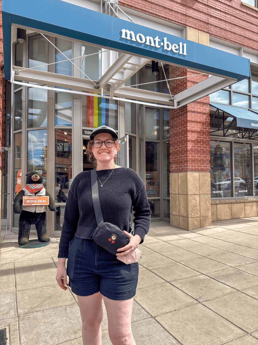 Katie standing outside of Montbell after successfully completing the scavenger hunt