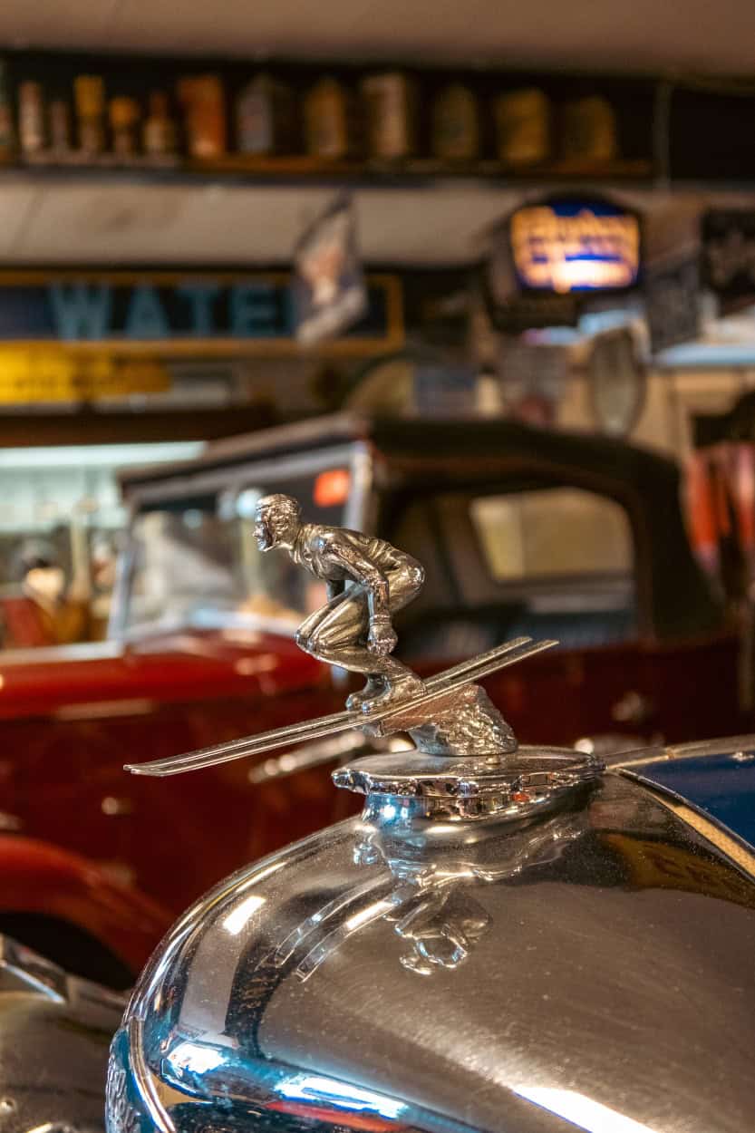 Vintage car hood ornament at the Cotswold Motoring Museum walking the Cotswolds in Bourton-on-the-Water