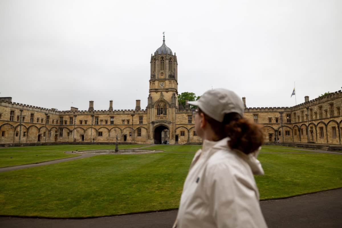 Katie looking out over Tom Quad at Christ Church College Oxford