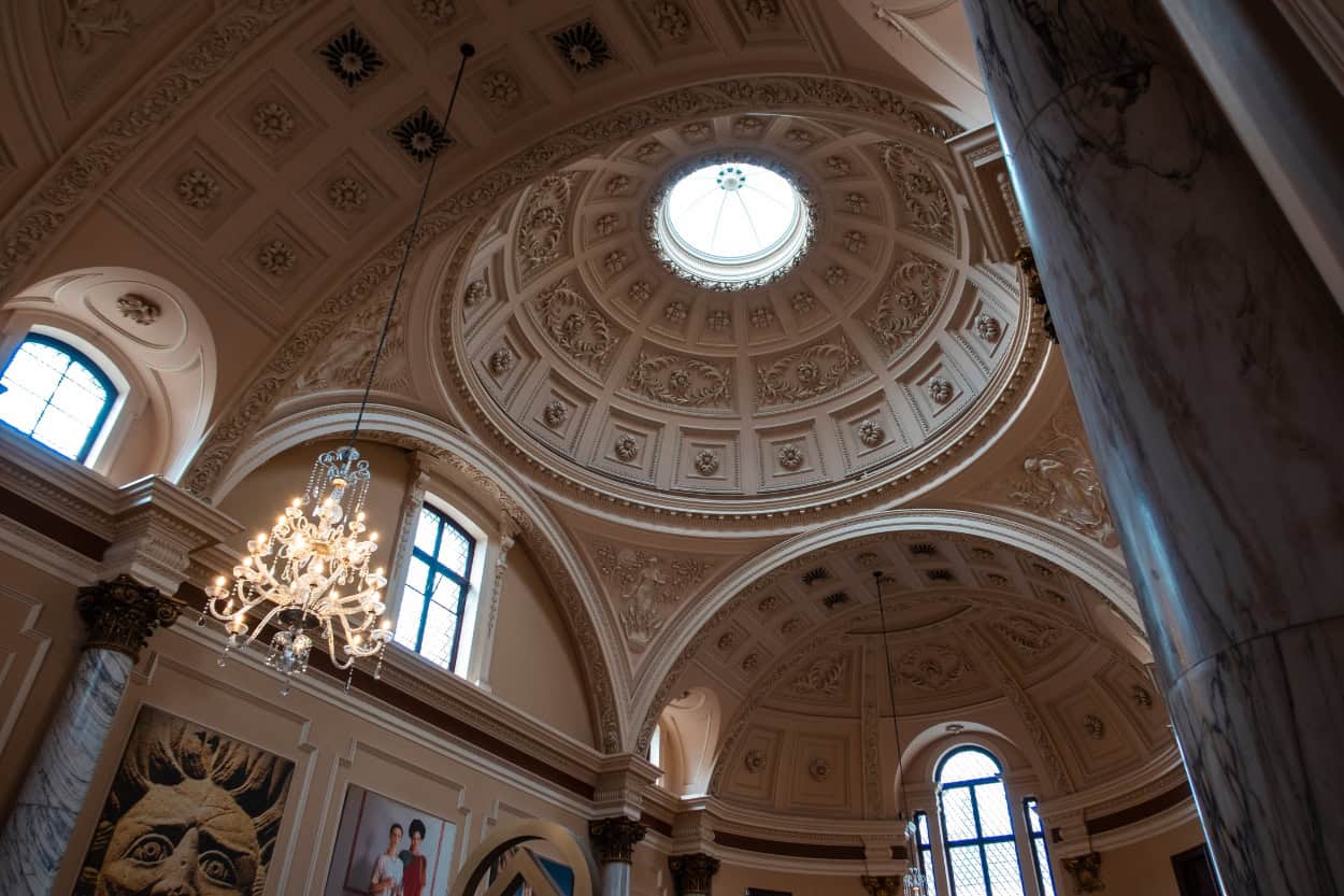 Ornate ceiling and skylight inside the Roman Baths museum, Bath, England