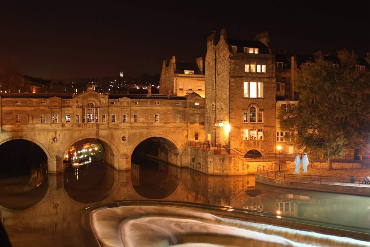 Long exposure photo of Pulteney Bridge at night with ghost graphics added, Bath ghost tour