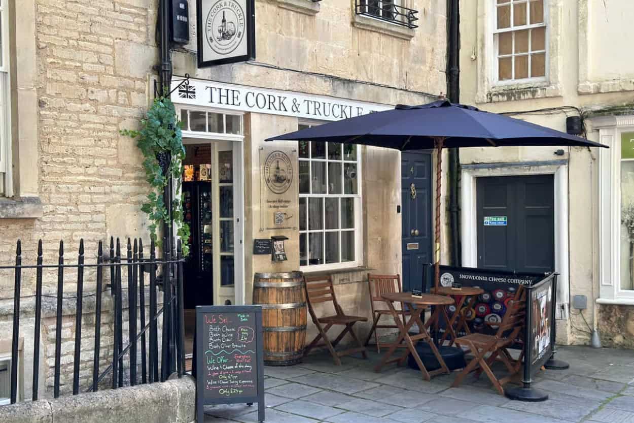 Exterior of Cork and Truckle wine and cheese shop in Bath, England