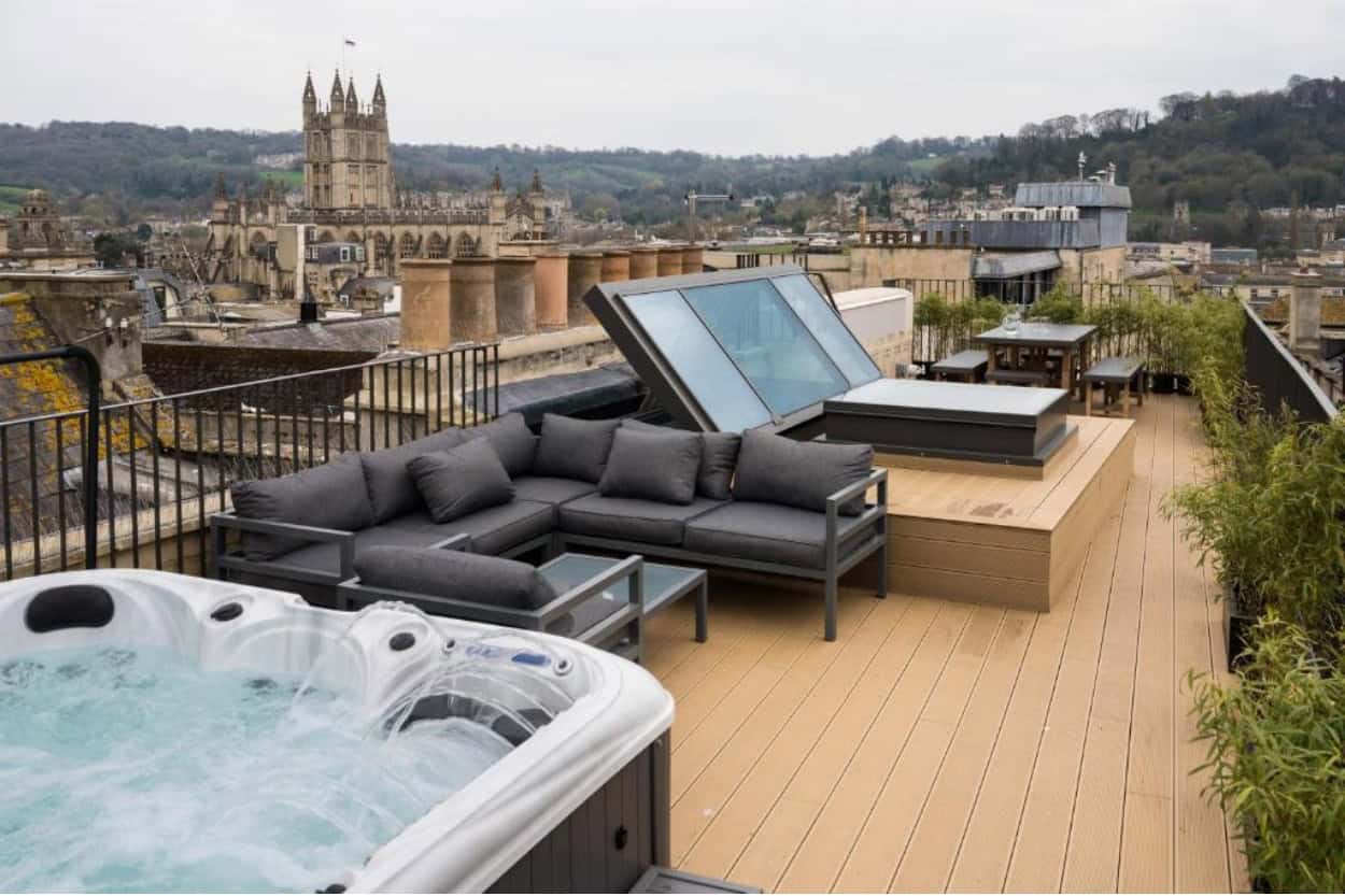 Rooftop hot tub and seating areas at Hiding Space, Trim Street Apartments in Bath