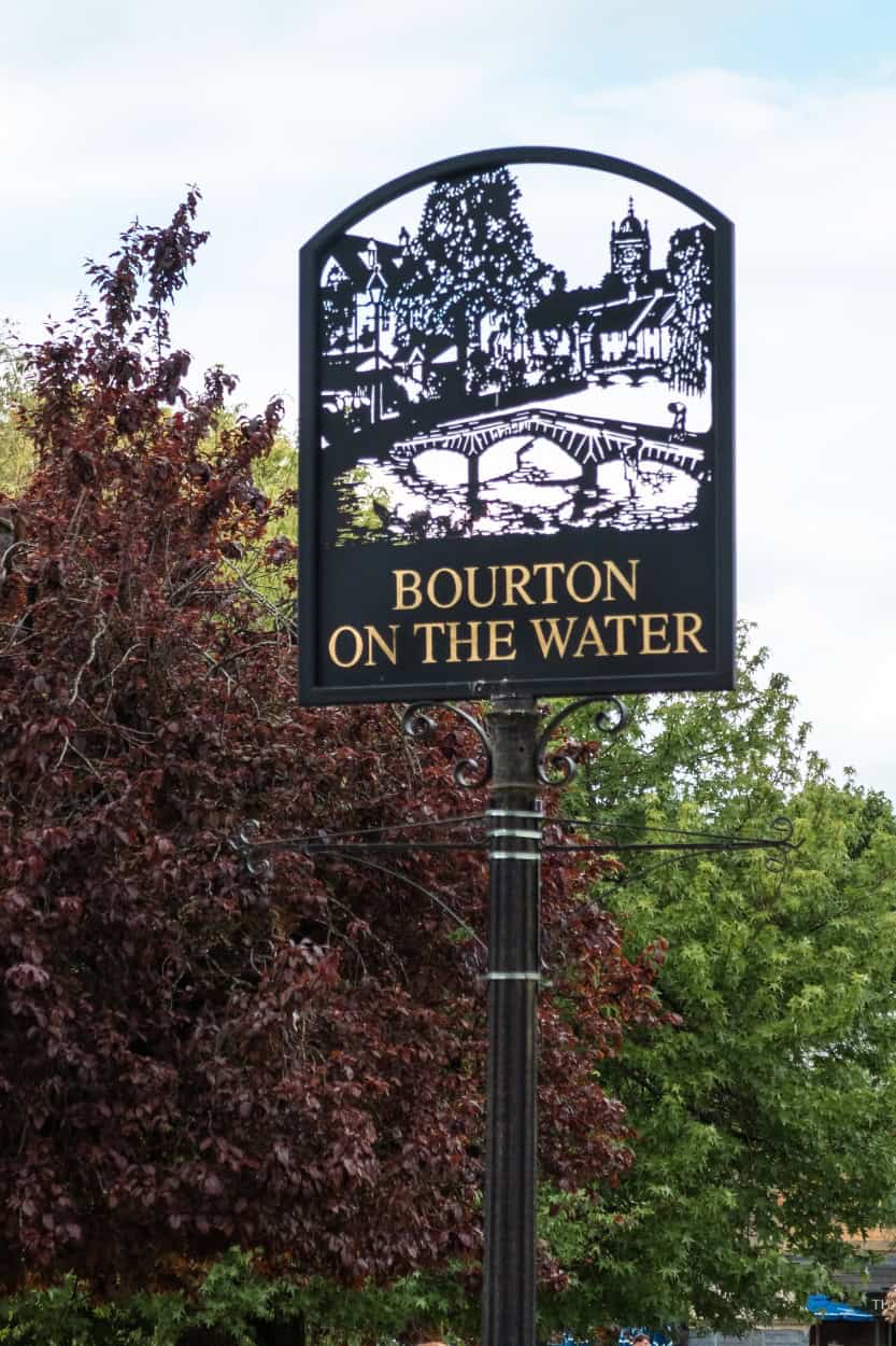 Bourton-on-the-Water town sign walking the Cotswolds England