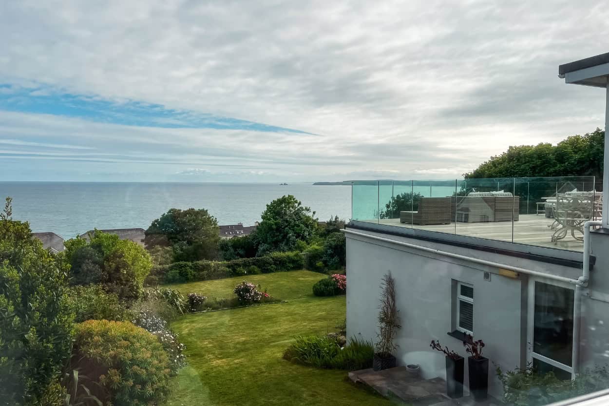 View from the deck of Boskerris Hotel overlooking the coast in St. Ives, England