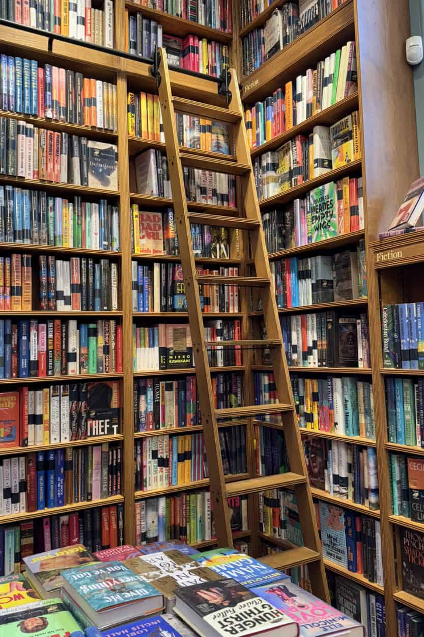 Rolling ladder against floor-to-ceiling bookshelves inside Topping & Company, Bath