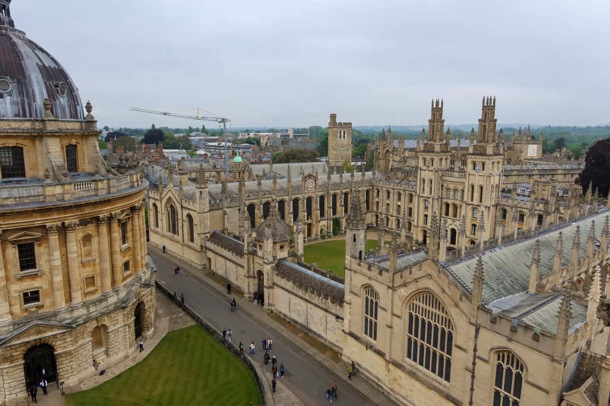 Panoramic view over Oxford rooftops and spires from St Mary's Church Tower