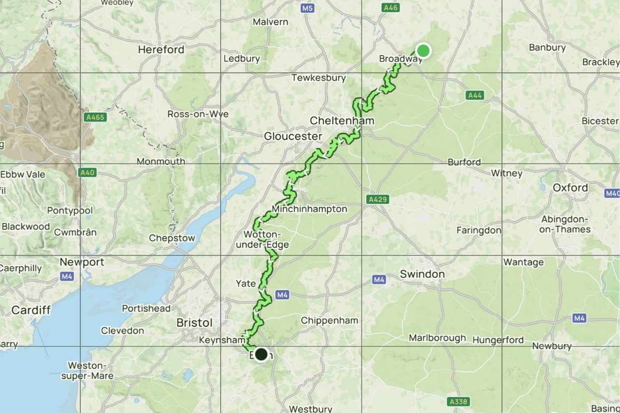 Map of the full Cotswold Way trail walking the Cotswolds from Chipping Campden to Bath