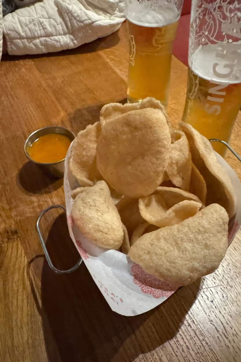 Basket of prawn crackers at Rosa's Thai in Bath, England