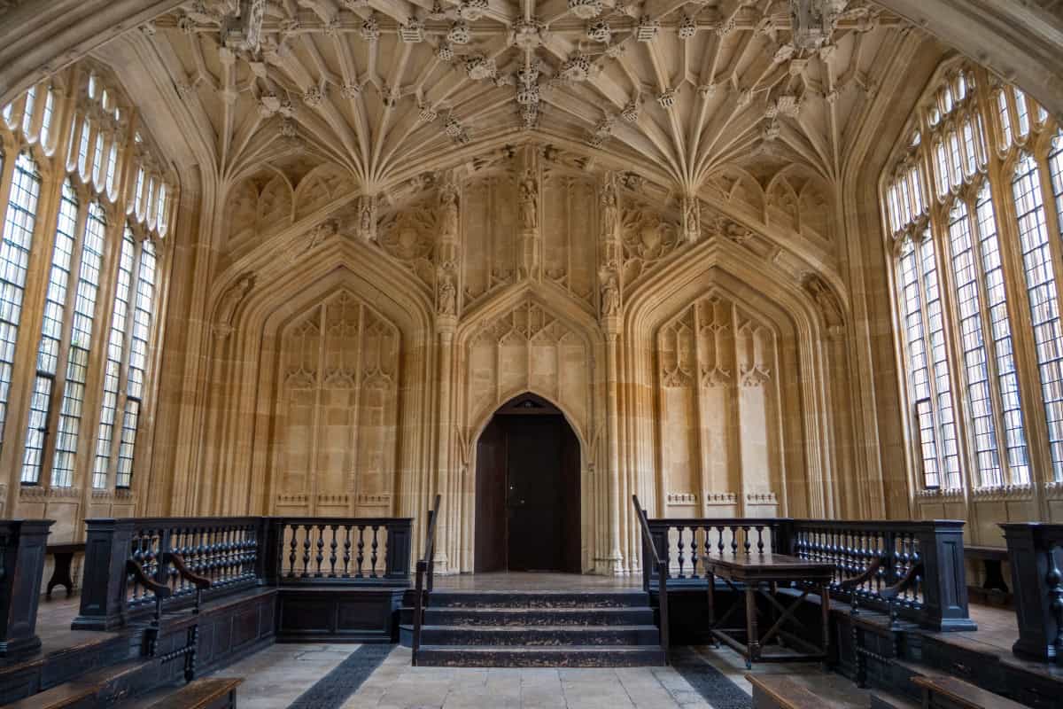 Gothic vaulted ceiling inside the Divinity School Oxford Hogwarts infirmary