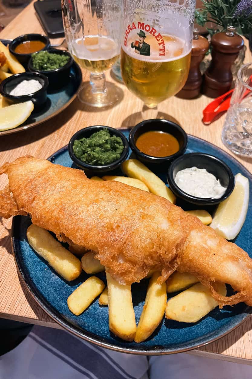 Plate of fish and chips at The Godolphin in Marazion, England