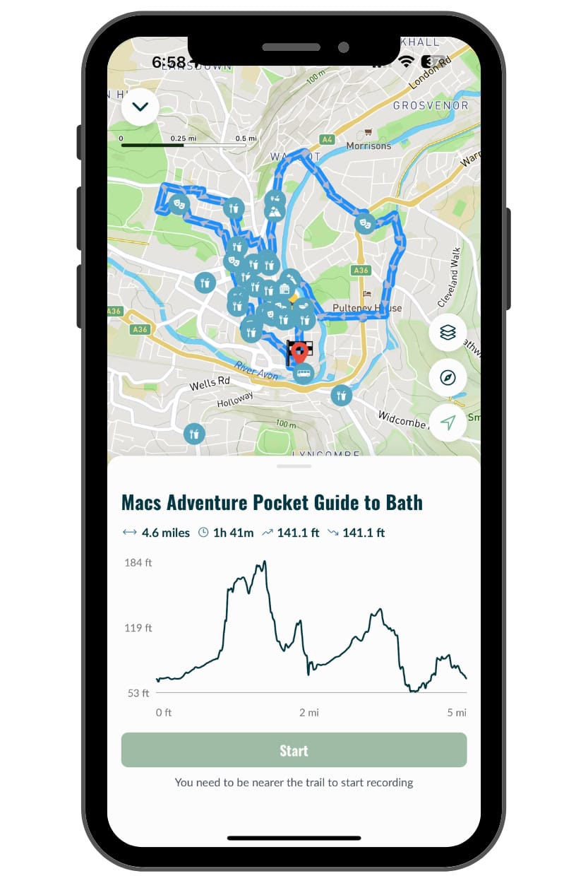 The Macs Adventure app showing the Pocket Guide to Bath with points of interest