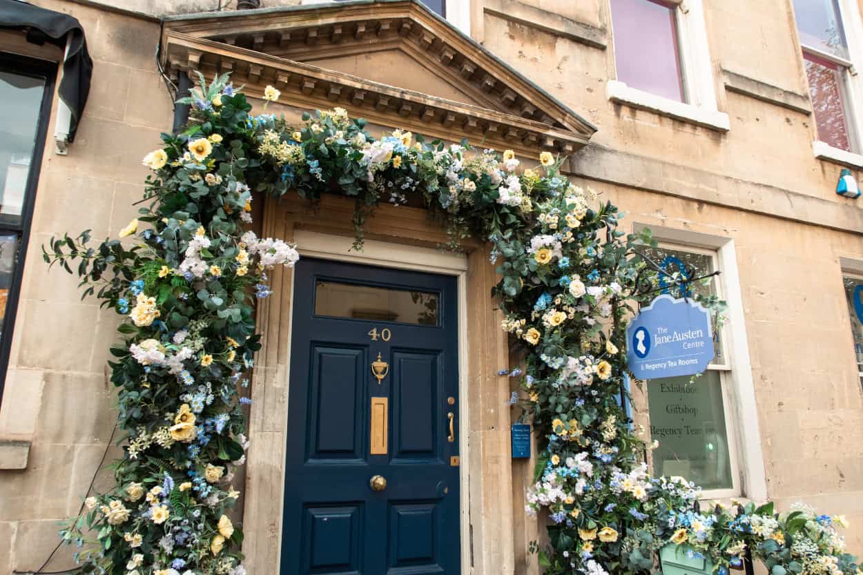 Entrance door to the Jane Austen Centre walking the Cotswolds in Bath