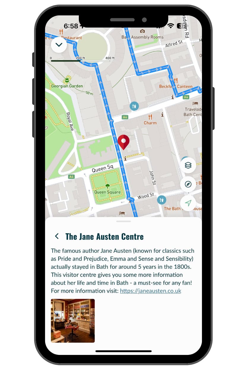 Close-up of the Macs Adventure app showing the Jane Austen Centre point of interest in Bath
