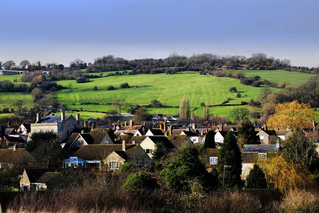 Aerial view of Winchcombe village walking the Cotswolds England