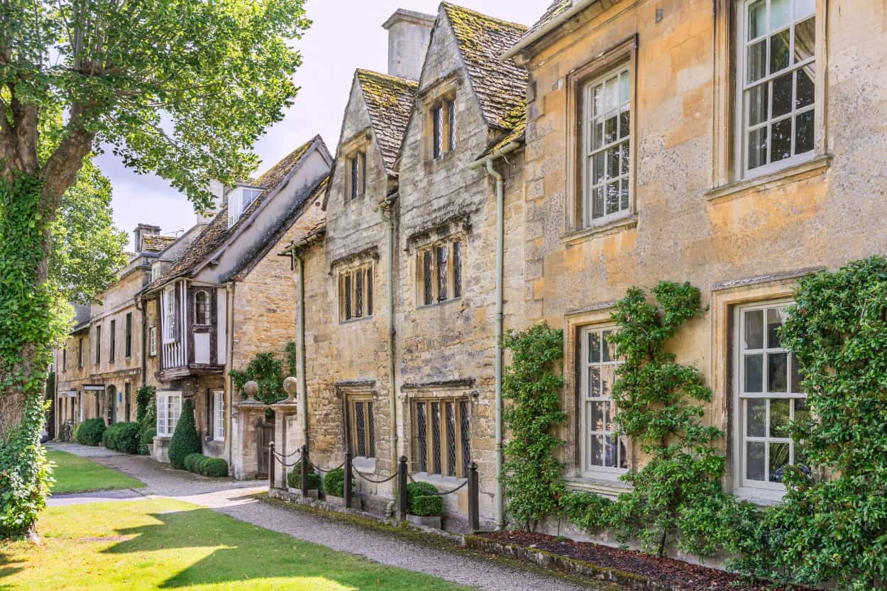 Row of homes walking the Cotswolds in Burford England