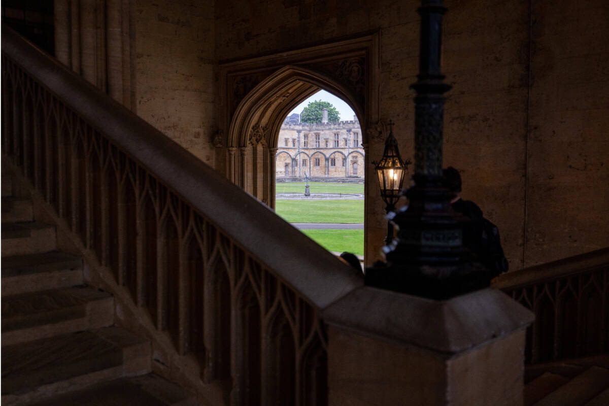 View through Christ Church staircase door looking into Tom Quad Oxford