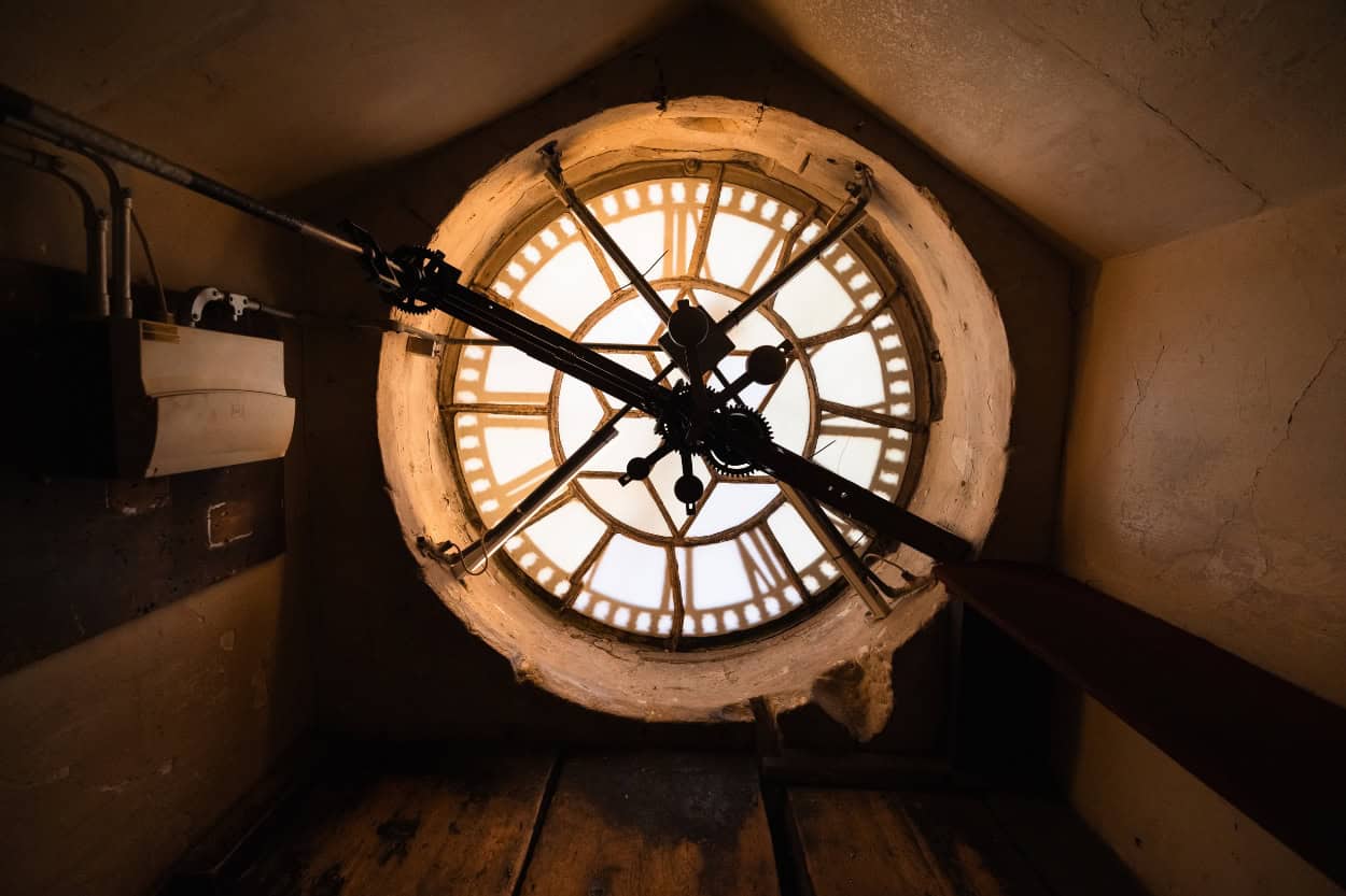 View from behind the Bath Abbey clock face, only accessible on the tower tour
