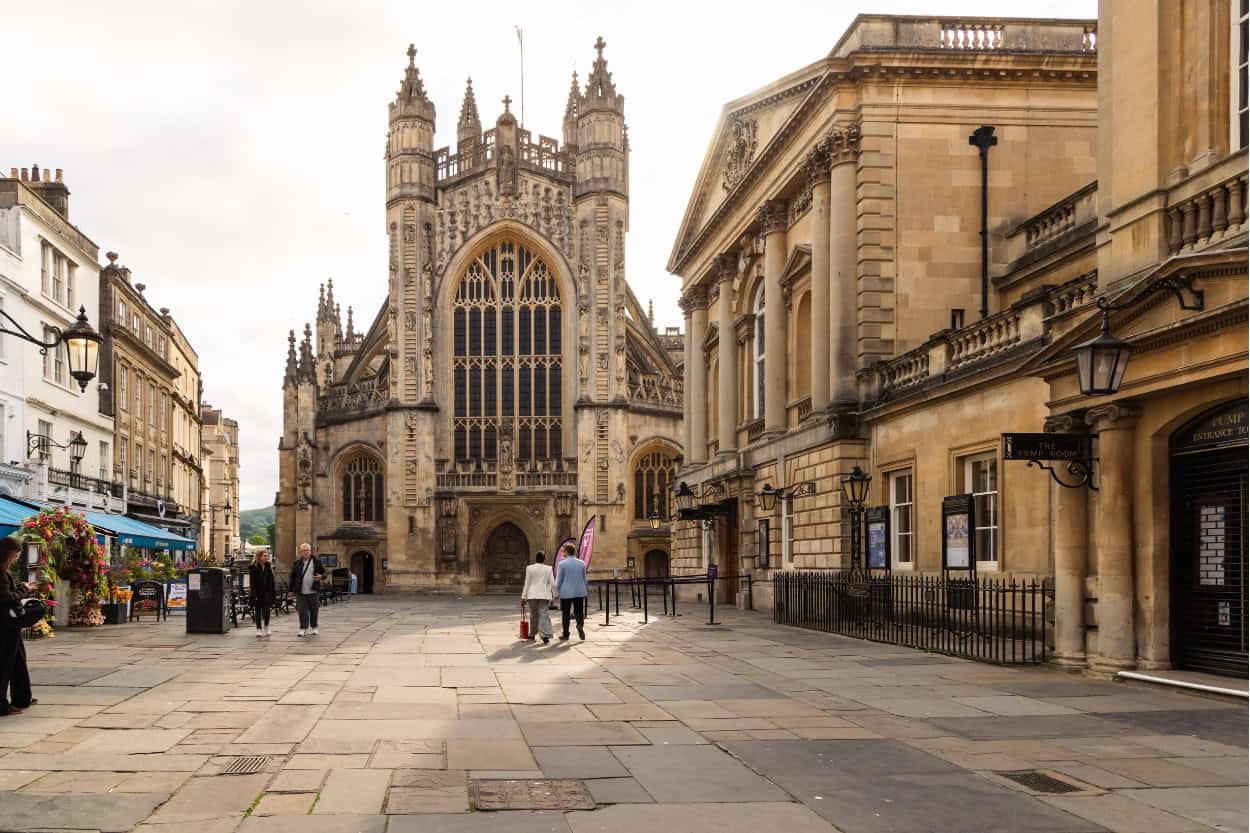 Bath Abbey exterior viewed from Stall Street, Bath, England