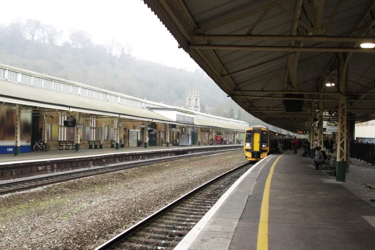 Train arriving at Bath Spa Station in Bath, England