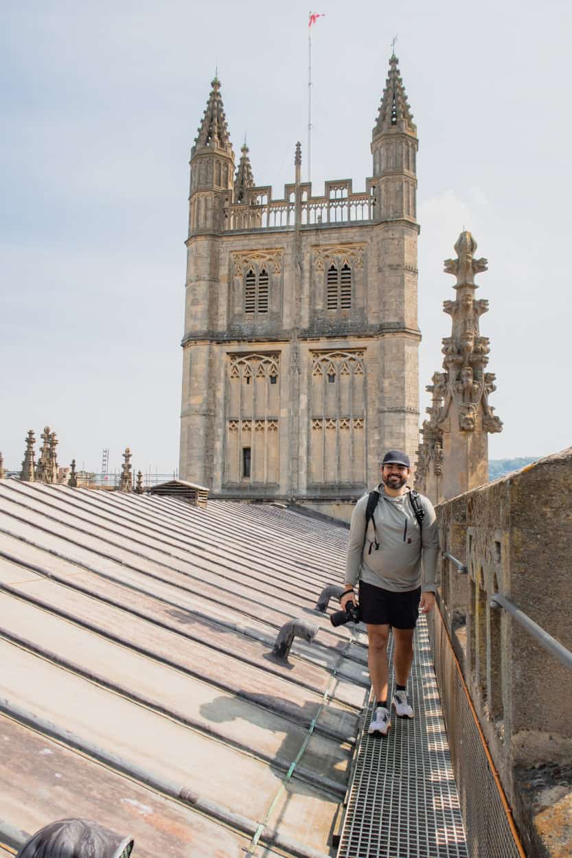 Joey walking along the roof of Bath Abbey en route to the bell tower