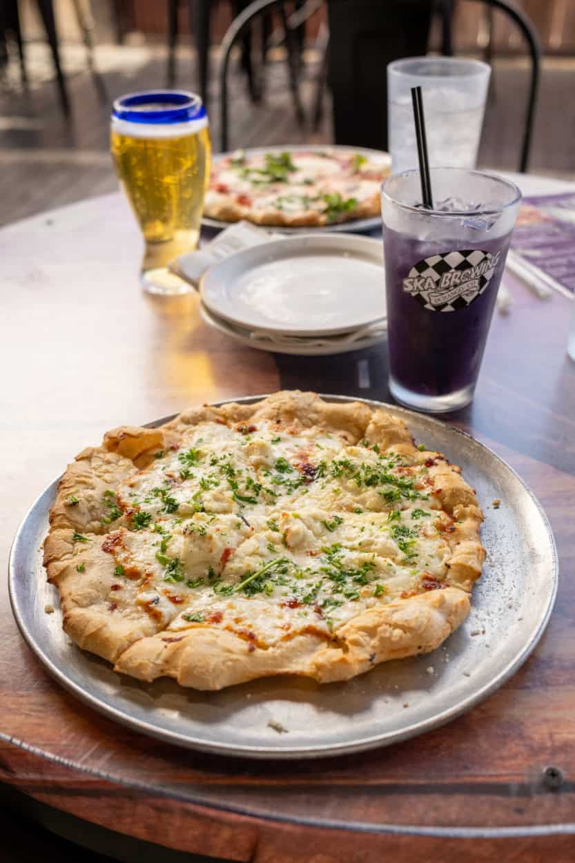 Four-cheese pizza at Purple Pig Pizzeria in Alamosa, Colorado