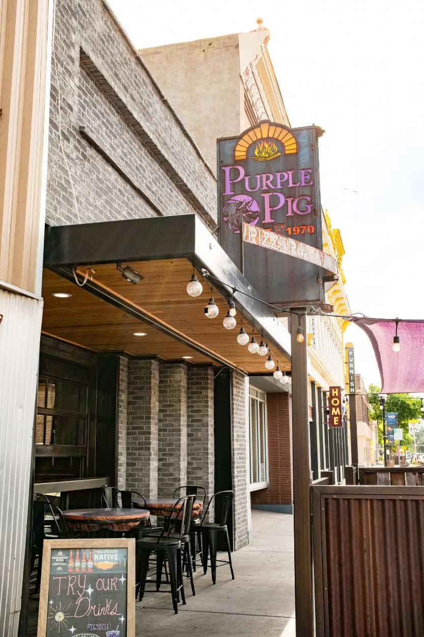 Exterior of Purple Pig Pizzeria in Alamosa, Colorado