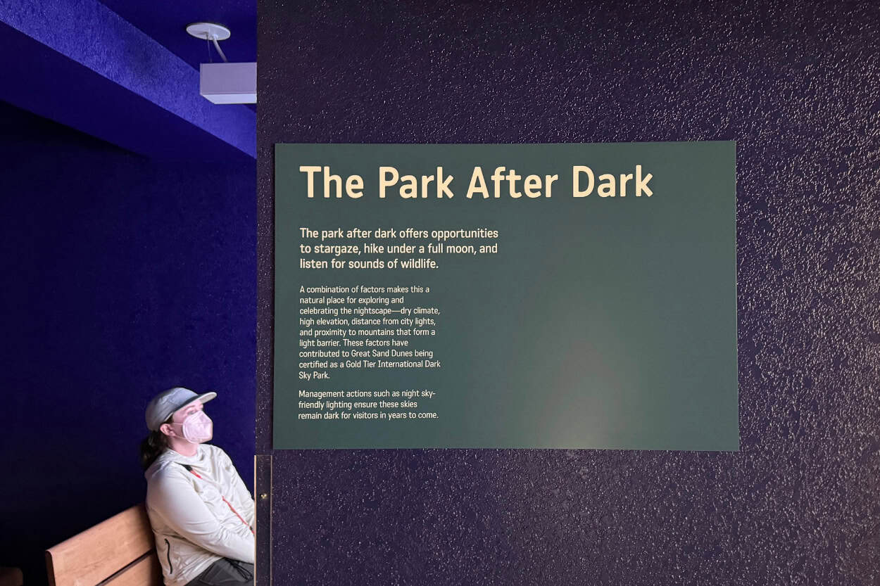Park After Dark sign and video display at Great Sand Dunes National Park in Colorado