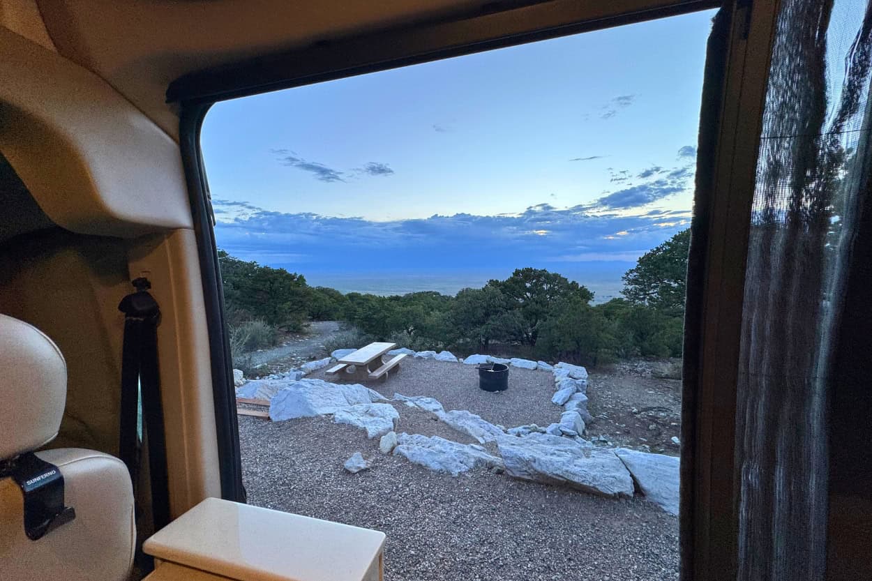 View of the San Luis Valley from inside a camper van near Great Sand Dunes National Park