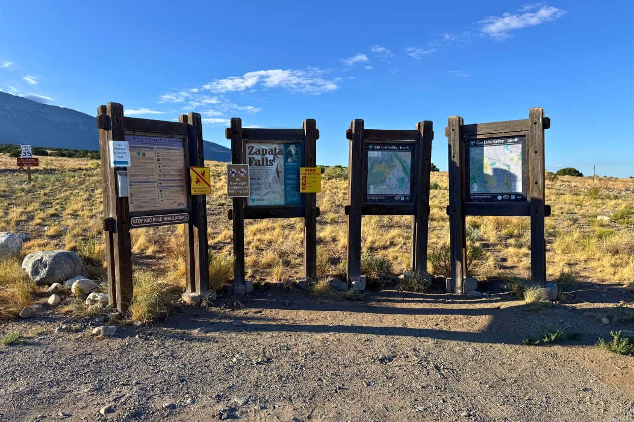 Signs at Zapata Falls Campground near Great Sand Dunes National Park