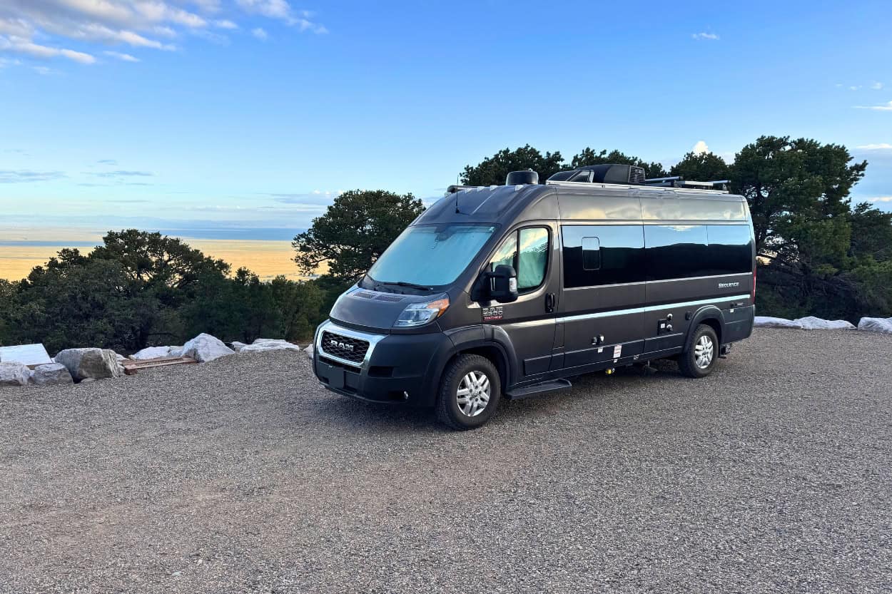 Van parked at Zapata Falls Campground near Great Sand Dunes National Park