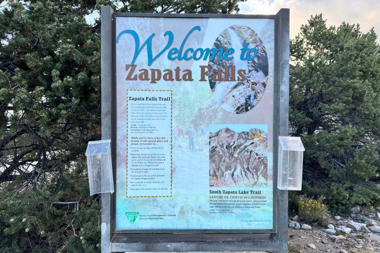 Zapata Falls Trail sign at Zapata Falls Campground near Great Sand Dunes National Park