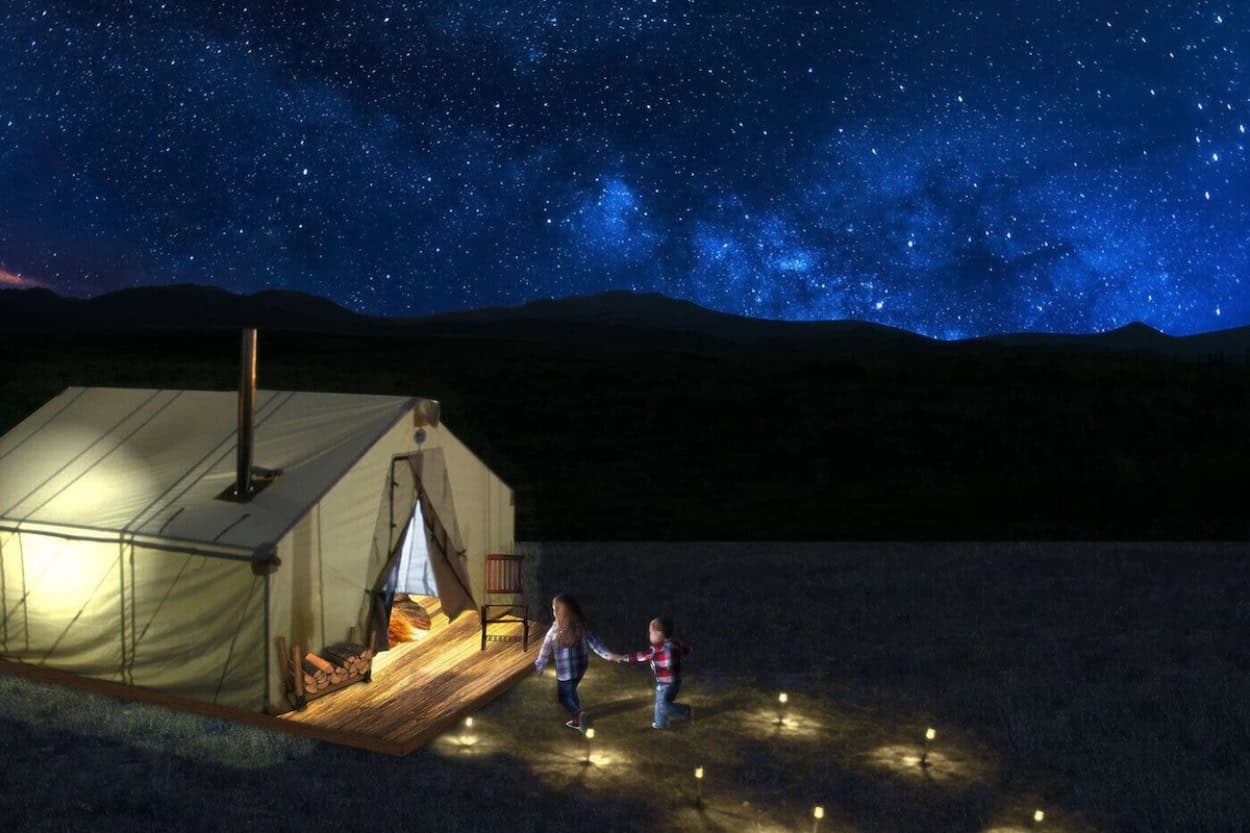 Glamping tent under the night sky at Rustic Rook Resort near Great Sand Dunes National Park
