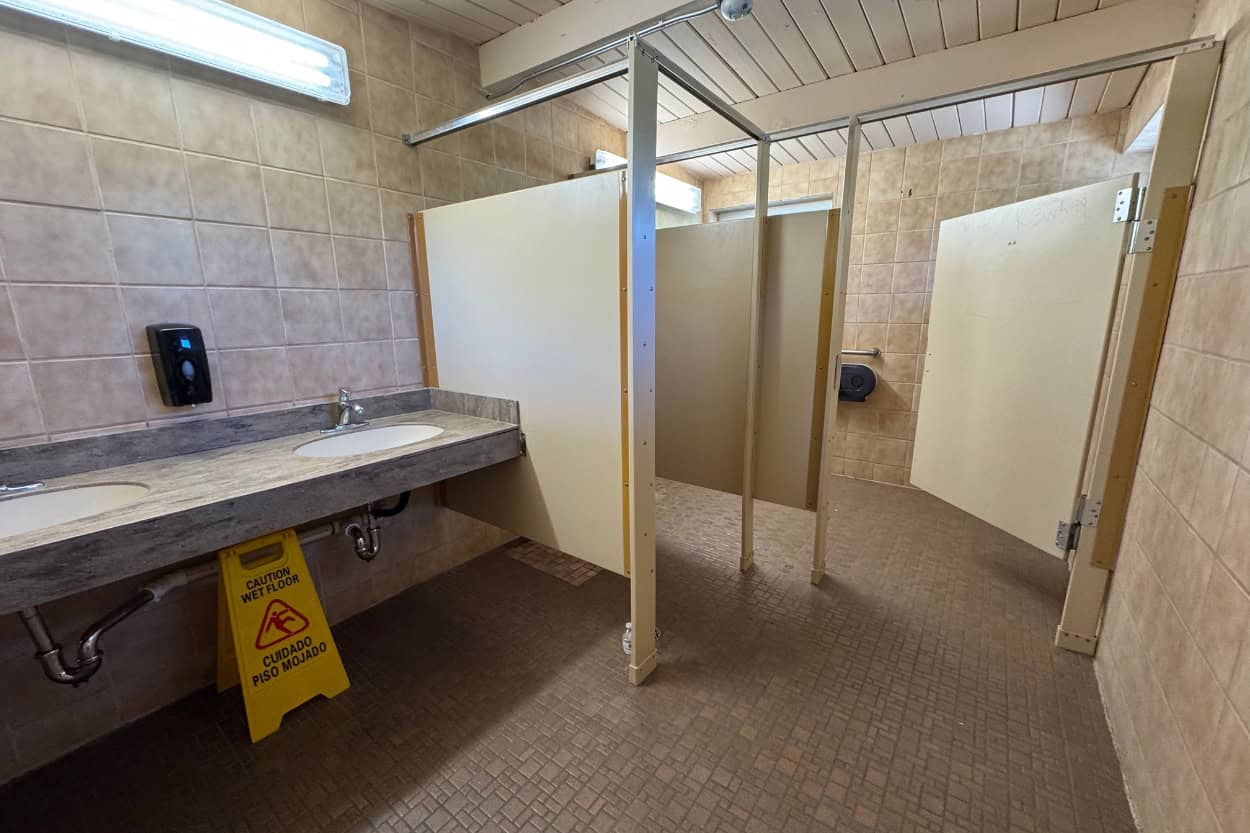 Interior of the picnic area bathroom with flushing toilets at Great Sand Dunes National Park