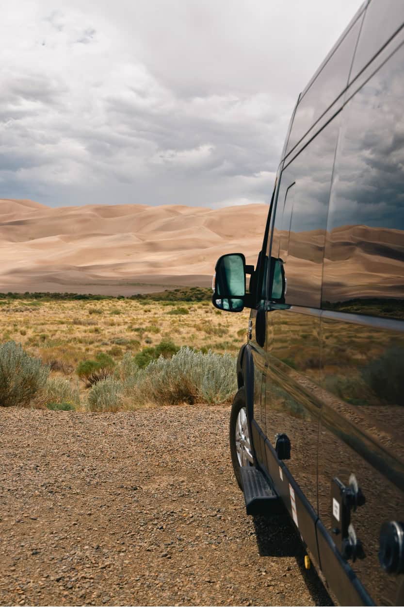 Van parked at the Point of No Return in Great Sand Dunes National Park in Colorado