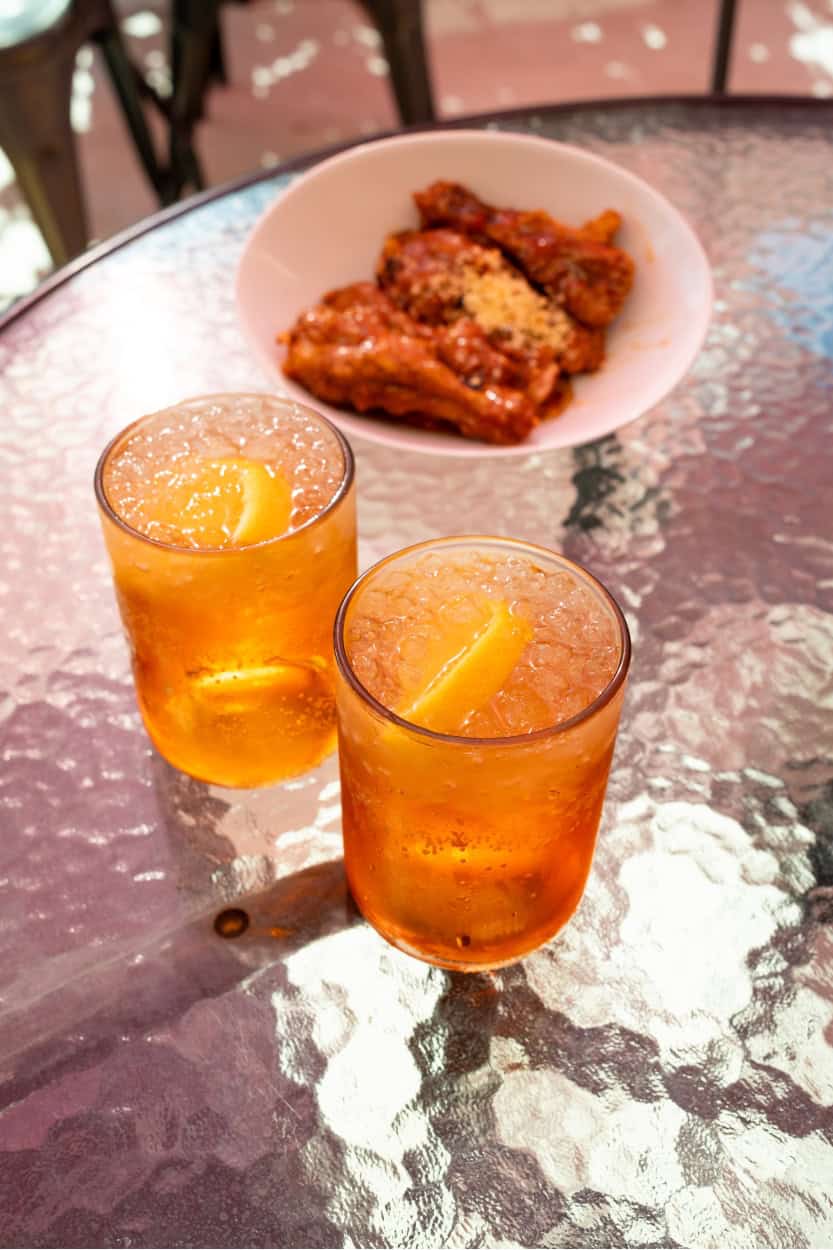 Two Aperol spritzes at Friar's Fork restaurant in Alamosa