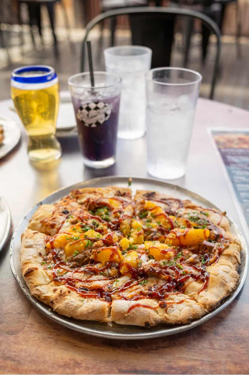 Pulled pork and peach pizza at Purple Pig Pizzeria in Alamosa, Colorado