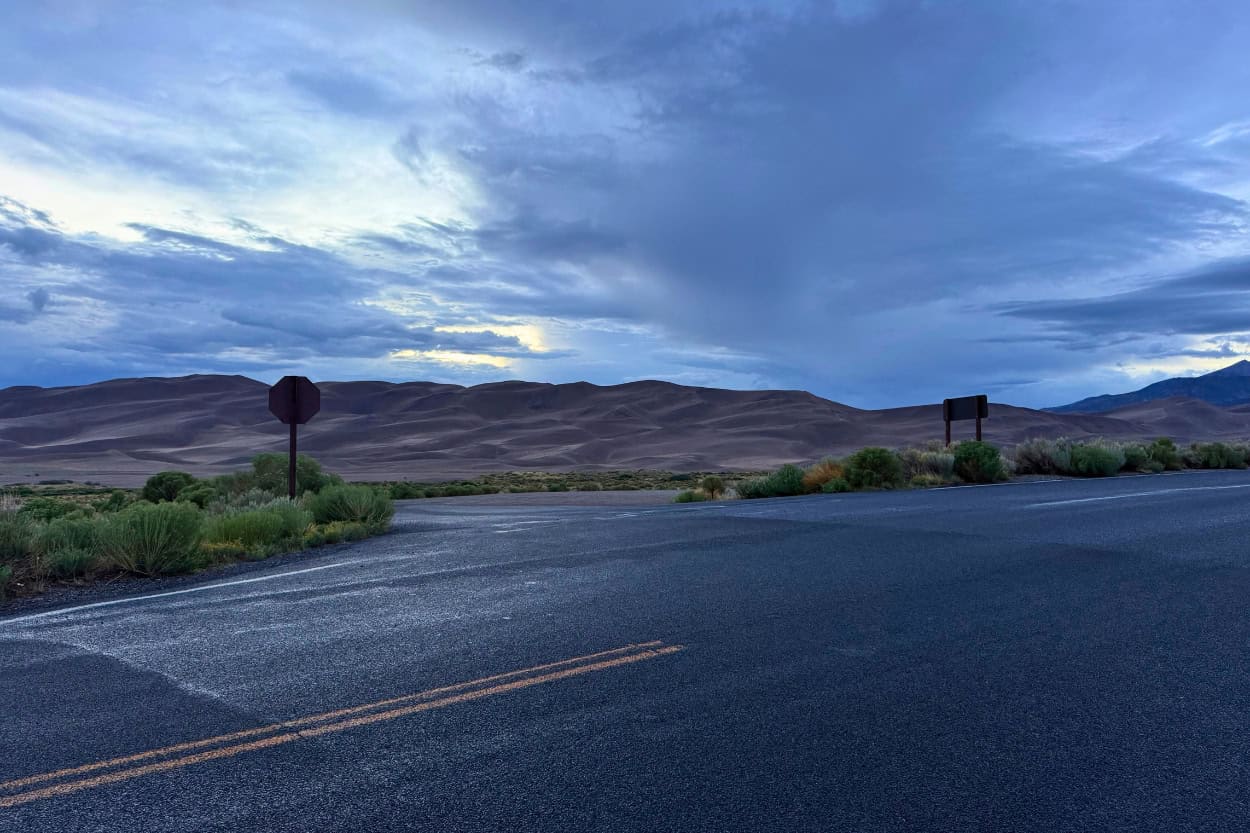 Rain-soaked street outside Great Sand Dunes National Park in Colorado